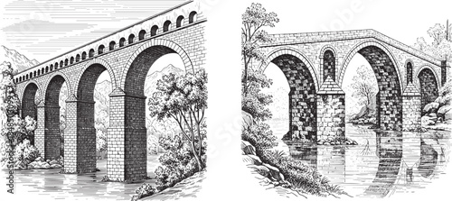 Historic Stone Bridge Etching Engraving Style Vector Icon Set Isolated Ancient Civil Engineering Architecture Illustration