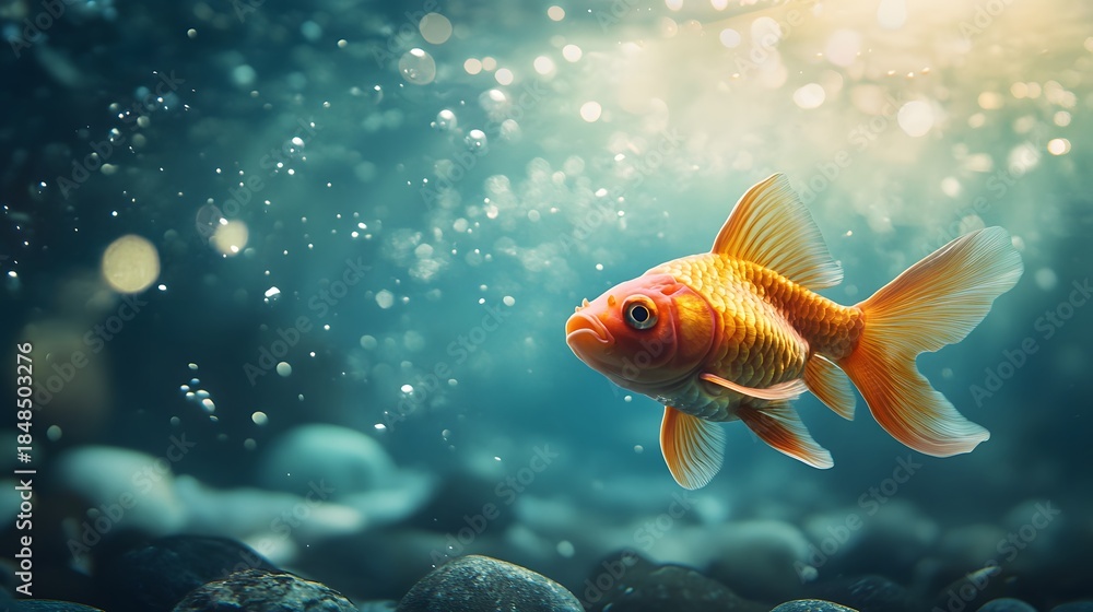 Fototapeta premium A single goldfish swims through clear, blue water with bubbles rising around it, sunbeams in the background, and pebbles at the bottom.