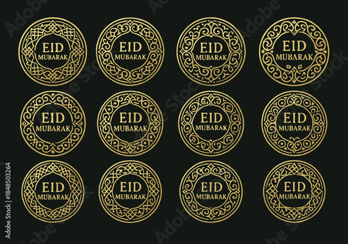 Elegant Golden Circular Eid Mubarak Typography Badges and Luxury Islamic Mandala Frame Set