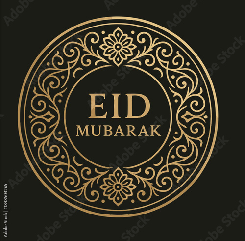 Luxury Golden Eid Mubarak Typography in Elegant Circular Islamic Floral Ornament Frame