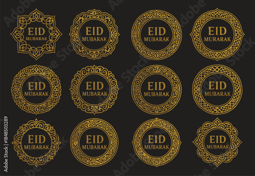 Luxury Gold Ornamental Eid Mubarak Typography Badges and Greeting Labels Set on Black Background