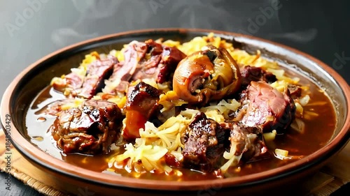 Steaming Braised Beef Slices with Onions and Vegetables on a Plate.