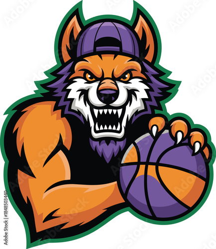 Aggressive wolf mascot holding basketball wearing purple hat professional sports team logo fierce werewolf character illustration for gaming apparel design and competitive athlete branding