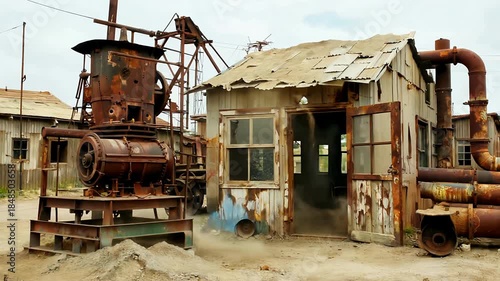 Abandoned industrial site with rusted machinery and weathered buildings.