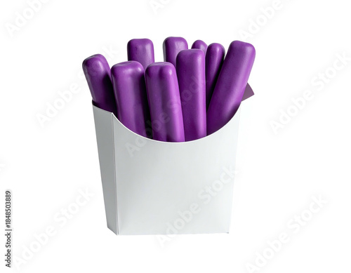 Vibrant purple fries in a white container, set against a black backdrop