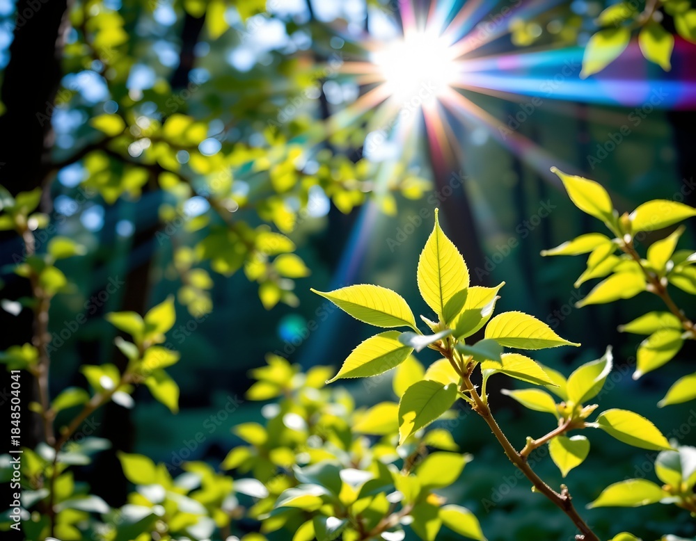 Obraz premium Sunlit Forest with Blurred Light and Vibrant Green Leaves