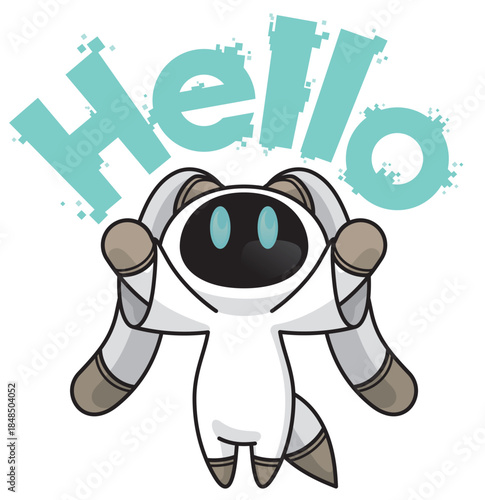 Helloと挨拶するかわいいAIロボットキャラクター