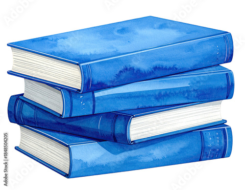 Watercolor stack of four blue books, spines visible, white pages
