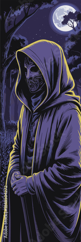 Mysterious hooded figure in ornate mask standing in dark forest under full moon night fantasy character illustration for gothic horror stories occult mystery gaming and spooky halloween concepts