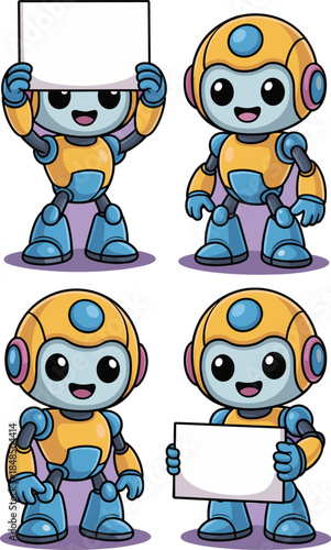 Cute robot character set holding blank white sign for message and announcement presentation mascot collection featuring friendly blue and yellow android bot for technology marketing and education