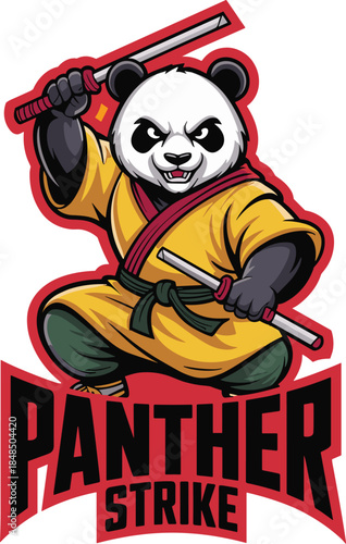 Panda warrior mascot logo with samurai swords and panther strike text for gaming esports team branding martial arts master character illustration for sports apparel and digital media marketing