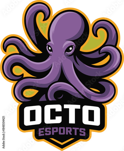 Purple octopus mascot logo for esports team gaming brand professional vector illustration with aggressive character design for streaming twitch youtube channel and competitive online tournaments