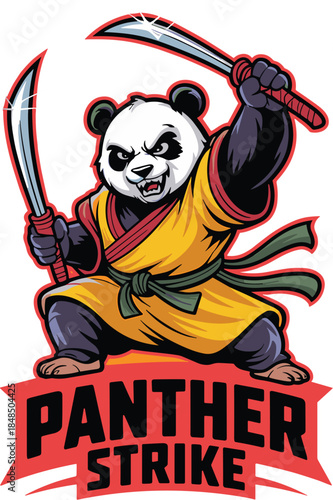 Angry Panda Warrior Mascot Logo with Katana Swords Fighter Character Illustration for Esports Gaming Team Branding Sports Apparel Design Martial Arts Concept and Combat Competition Tournament