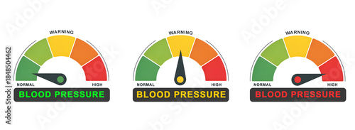 Blood Pressure Levels Infographic: Meters Showing Normal, High, and Low Results isolated on white background