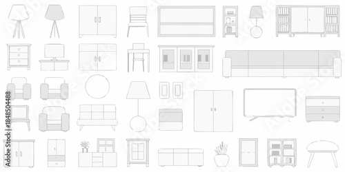 Detailed furniture arrangement a collection of home interior elements in outline form