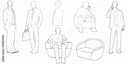Line art depiction of men in suits and modern furniture elements