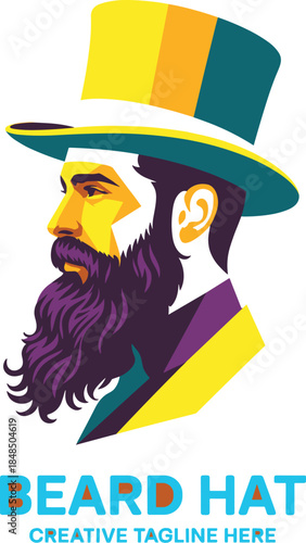 Modern bearded man wearing top hat profile vector illustration for creative branding and barbershop logo design gentleman character icon with stylish facial hair for fashion marketing posters