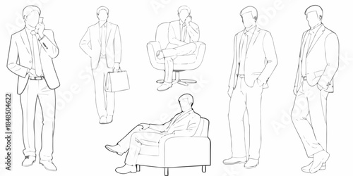 Line art illustration of businessmen in suits posing in various stances