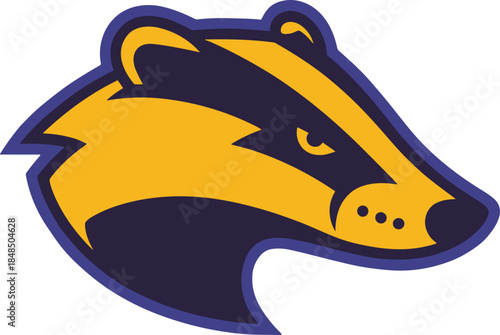 Badger mascot logo illustration for sports team branding featuring a fierce wild animal head with yellow and purple colors for competitive gaming esports club identity and athletic apparel design