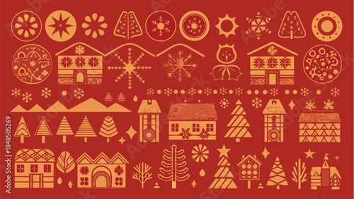 Festive Christmas icons and decorations in gold on red
