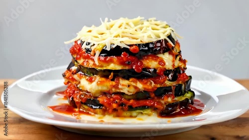 Gourmet stacked cheeseburger tower with melted cheese sauce.