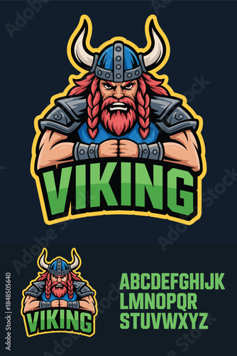 Viking mascot logo design with bearded warrior character and custom alphabet font for esports gaming team branding sports identity and aggressive competitive club emblem graphic illustration