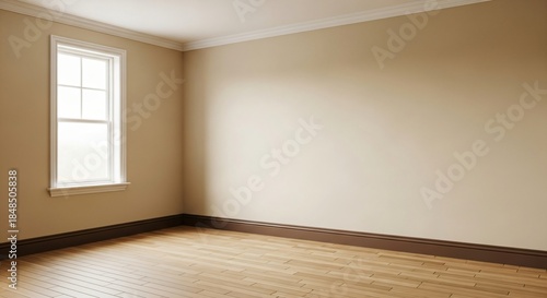 Empty Beige Room Interior with Wood Floor and Window Blank Canvas for Design Renovation