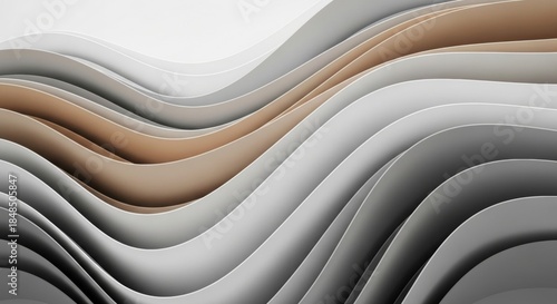 A serene abstract background featuring wavy layers of gray and beige tones on a white surface