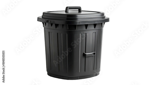 A black, lidded cylindrical waste container, on black background