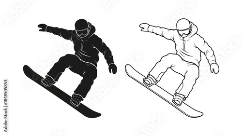 A dynamic illustration of two snowboarders in action depicted in contrasting styles