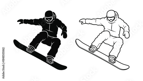 Snowboarder illustration in black and white showing dynamic action pose and outline