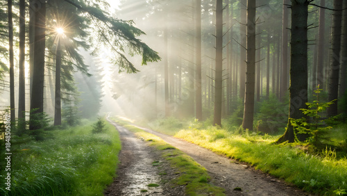 Enchanting forest trail bathed in golden sunlight filtering through morning mist