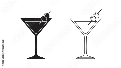Black and white illustration of martini glasses with olives on skewers