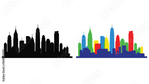 A colorful cityscape illustration featuring a black and a vibrant skyline