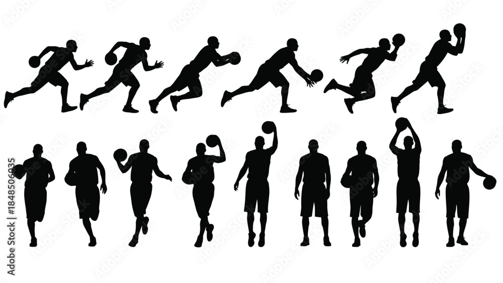 Naklejka premium Silhouettes of basketball players in various action poses and game moments