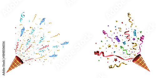 Set Of Celebration Party Popper Exploding With Multicolor Streamers And Confetti Vector Illustration on Transparent Background