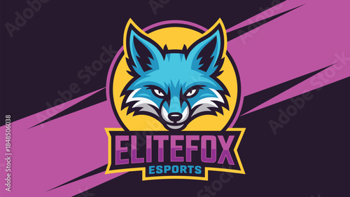 Fox esports mascot logo design for professional gaming team branding featuring fierce blue fox head on modern purple background for twitch streamers youtube channel and competitive tournament