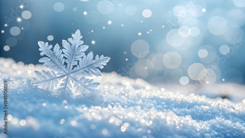 Magnificent snowflake resting gently on a sparkling white snow blanket under a soft blue winter sky
