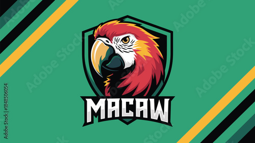 Scarlet macaw parrot mascot logo on shield badge for esports team branding in vibrant red and green colors professional gaming bird character illustration for sports club identity and design
