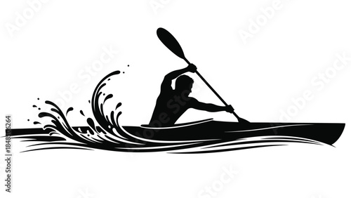Silhouette of a kayaker paddling through splashing water in a sleek boat