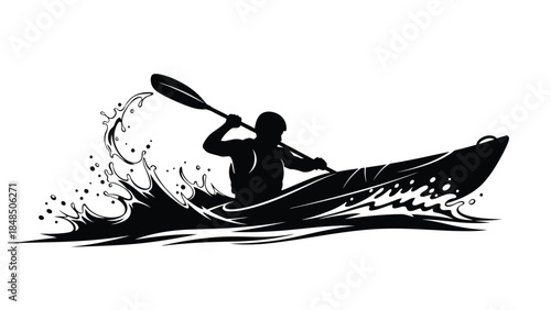 Silhouette of a kayaker paddling through splashing waves on the water