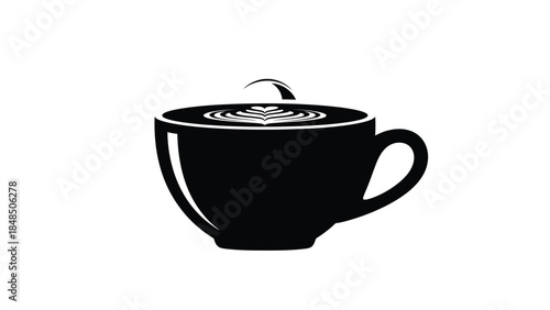 A simple black and white illustration of a cup of coffee with latte art