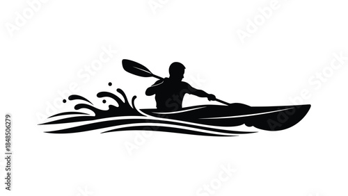 Silhouette of a kayaker paddling through dynamic water splashes in black