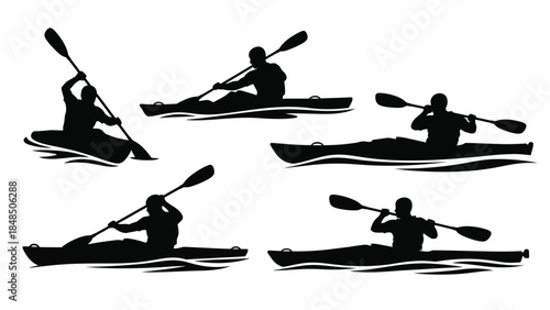 Silhouettes of kayakers paddling in various positions on the water