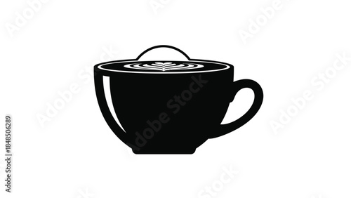 A simple black and white illustration of a coffee cup with latte art