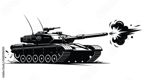 Black and white illustration of a tank firing with an explosion nearby