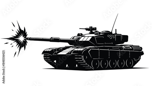 Firing tank with a powerful blast a graphic illustration in black and white