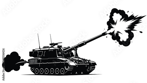 Black and white illustration of a tank firing its cannon with smoke effects
