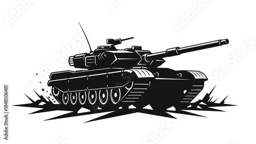 A striking black and white illustration of a powerful military tank in motion