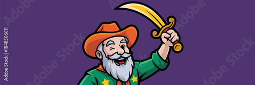Cartoon pirate mascot character with gray beard holding gold scimitar sword wearing orange hat and green shirt winking for gaming logo design or children adventure story book fantasy illustration